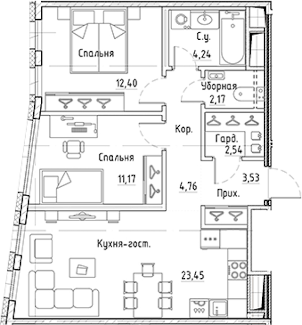 2-комнатная квартира 64.26 м², 3/10 эт., ЖК «LEGENDA Лисичанская 22»